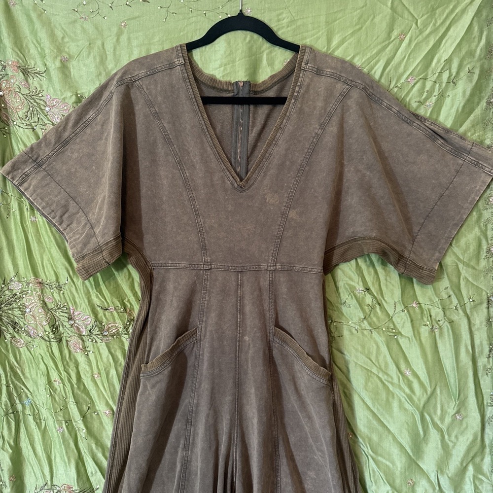 BiBi Jumpsuit Wide Leg Bohemian 100% Cotton Short Sleeve Olive Green Size Small - Picture 2 of 13
